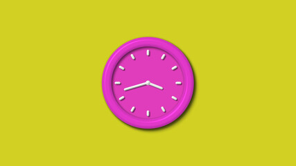 New pink color 3d wall clock isolated on yellow background,12 hours wall clock isolated