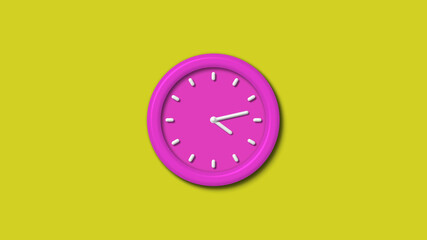 New pink color 3d wall clock isolated on yellow background,12 hours wall clock isolated