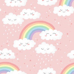 Seamless vector pattern with hand drawn cute cartoon rainbows, clouds and stars isolated on pink background. Design for print, fabric , wallpaper, card, baby shower,decoration