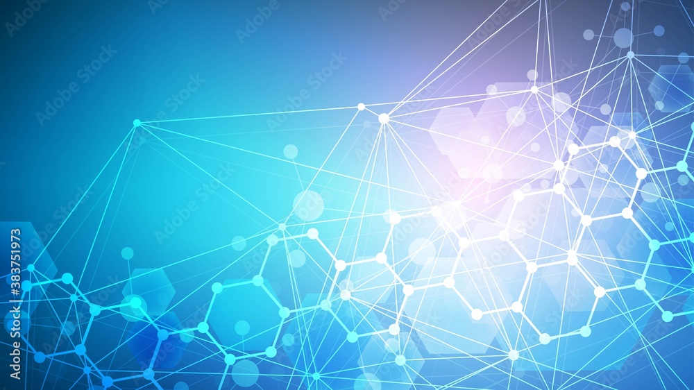 Wall mural science network pattern, connecting lines and dots. technology hexagons structure or molecular conne