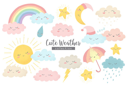 Vector collection with hand drawn cartoon sun, moon, rainbow, umbrella, rain, snow, clouds and stars isolated on white background. Cute weather characters illustration in cartoon simple style