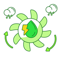 Hydro power energy concept propeller lightning drop water rain recycling white isolated background with green theme flat outline style