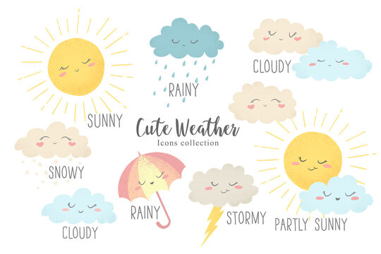 Vector icons set of hand drawn cartoon sun, umbrella, rain, snow, clouds isolated on white background. Cute weather characters illustration in cartoon simple flat style