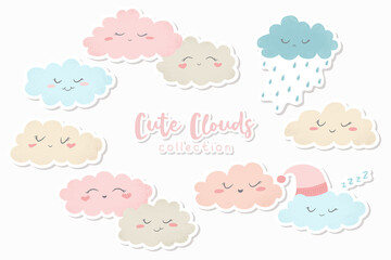 Vector illustration with cute hand drawn cartoon clouds stickers collection isolated on white background. Design for print, fabric , wallpaper, card