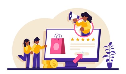 Online seller services. Online shopping concept. Marketing and Digital marketing. Flat People Characters Shop. Modern flat illustration.