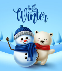 Winter character vector background design. Hello winter greeting text with 3d snowman and polar bear characters in cold snowy background. Vector illustration   © AmazeinDesign