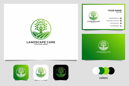 Landscape Care With People And Tree Logo Design And Business Card