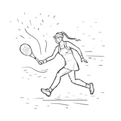 Girl playing tennis. Sketch vector  hand drawn Illustration. Women tennis player. Sport concept.  Black line isolated on white.