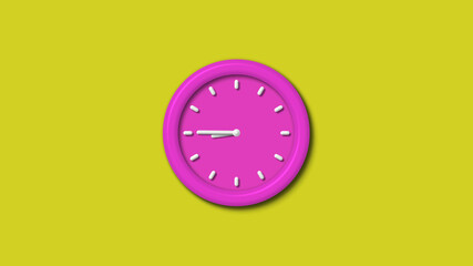 New pink color 3d wall clock isolated on yellow background,12 hours 3d wall clock