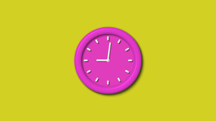 New pink color 3d wall clock isolated on yellow background,12 hours 3d wall clock