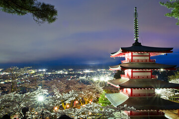 Mt Fuji snowcapped and The Chureito Pagoda, a five-storied pagoda also known as the Fujiyoshida Cenotaph Monument, Fujiyoshida, Japan.