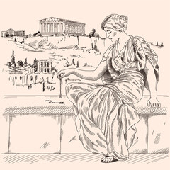 An ancient Greek woman in a tunic sitting on a stone parapet against the backdrop of the landscape of the city of Athens and holds a jewelry in her hand.