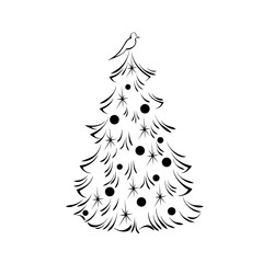 new year 49. one stylized Christmas tree with Christmas balls, stars and a bird at the top in black lines on a white background