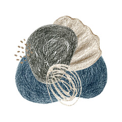 Color pencil abstract illustration with dark gray and blue and sandy shapes, helix, dots. Gray and blue and sandy square picture