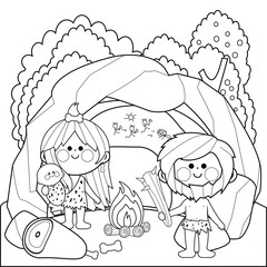 Cavemen family in a stone cave. Vector black and white coloring page