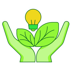 Energy saving concept hand hold leaf light bulb white isolated background with green theme flat outline style