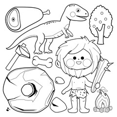 Prehistoric caveman and dinosaur set. Vector black and white coloring page
