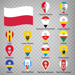Obraz premium Sixteen flags the Provinces of Poland - alphabetical order with name. Set of 2d geolocation signs like flags Provinces of Poland. Sixteen 2d geolocation signs for your design. EPS10. 