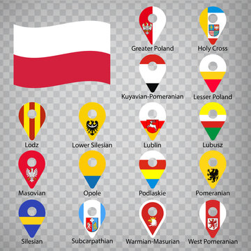 Sixteen flags the Provinces of Poland  - alphabetical order with name.  Set of 2d geolocation signs like flags Provinces of Poland.  Sixteen 2d geolocation signs for your design. EPS10.
