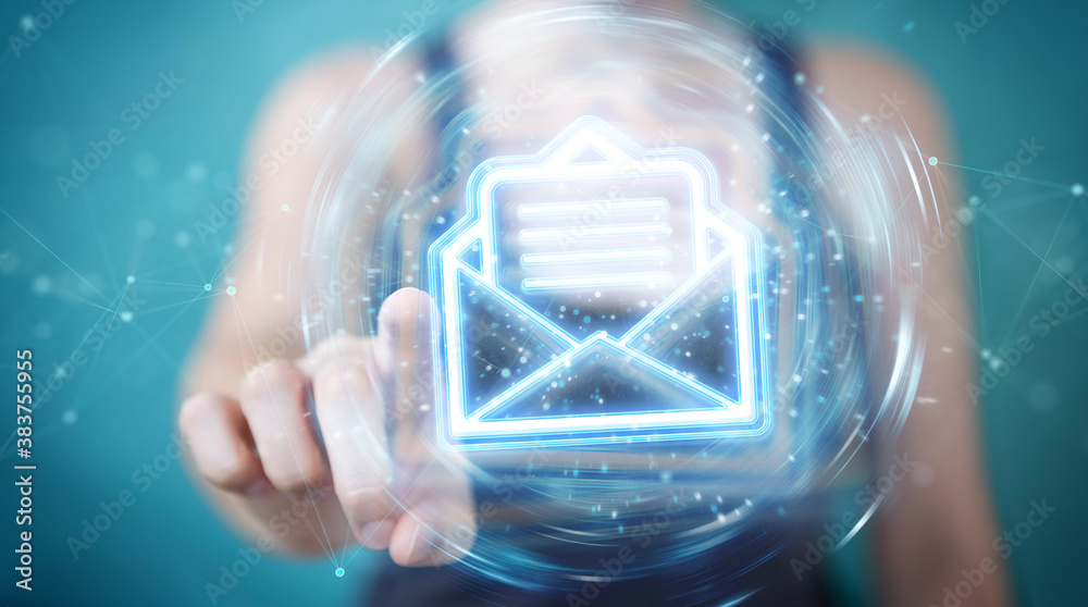 Aufkleber woman using digital email blue holographic interface 3d rendering