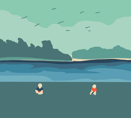 Children playing outdoor near a lake. Practice social distancing while enjoying the outdoors during a pandemic summer.Copy space for your text.