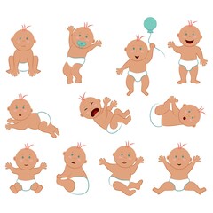 Vector set of light-skinned baby boy with red hair and blue eyes. Collection of eleven poses and facial expressions of a naked toddler in diapers