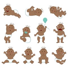 Vector collection of toddlers with light brown skin, brown eyes and hair. Eleven poses and moods of a naked baby boy in diapers