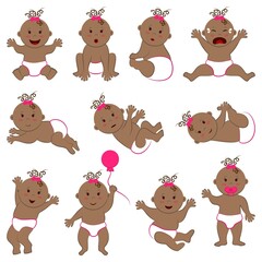 Vector collection of different poses and moods of cute curly baby girl with light brown skin and brown eyes and hair. Naked toddler child characters set in diapers and pink bow on head