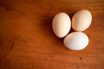 Three fresh white eggs on a wooden table
木製テーブルの上の三つの新鮮な白い卵