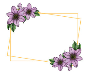 festive golden frame with purple clematis flowers, beautiful floral frame template for wedding, invitation or mothers day celebration