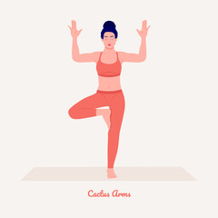 Cactus Arms Pose. Young woman practicing Yoga pose. Woman workout fitness, aerobic and exercises. Vector Illustration.