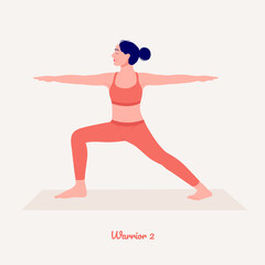 Warrior II Pose. Young woman practicing Yoga pose. Woman workout fitness, aerobic and exercises. Vector Illustration.