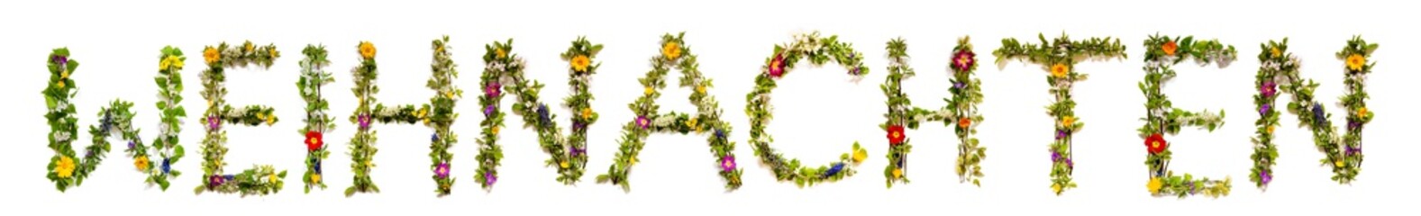 Flower, Branches And Blossom Letter Building German Word Weihnachten Means Christmas. White Isolated Background