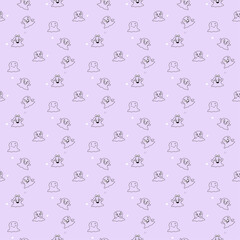 Halloween. Seamless pattern with cute little cartoon ghosts and different emotions on light background - joy, relaxation, happiness. Vector. Outline. Template for paper, textile, decor and web design 