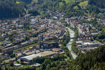 Fototapeta na wymiar Aerial view of Landeck, Austria and the River Inn on a sunny day