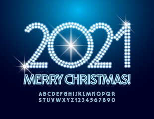Vector Illuminated Greeting card Merry Christmas 2021! Elegant glowing Font. Blue Neon Alphabet Letters and Numbers set