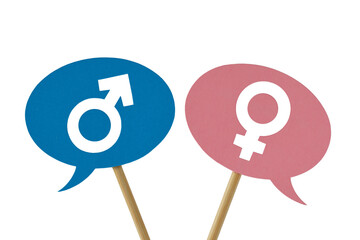 Speech bubbles with male and female symbol - Concept od communication difficulties between men and...