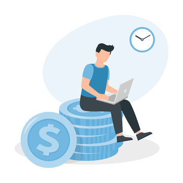 Man Sitting On A Big Pile Of Coins, Working At The Laptop.