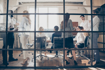 Group of smart leader people man woman have briefing discuss staff cost dismissal reduction plan in...