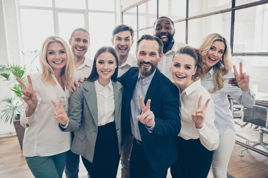 Photo Of Business People Man Woman Investors Partners Man Woman Make V-sign Enjoy Investment Economy Market Briefing Gathering Wear Formal Clothes In Boardroom Workplace Workstation