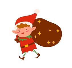 Christmas elf carry bag with gifts vector flat illustration. Cute little Santa helper going with huge sac full of holiday presents isolated on white. Fairy tail character hold sack