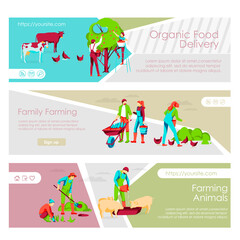 Organic food delivery landing page templates set. Couple working together. Family farming, livestock breeding. Eco farming and agricultural industry website, homepage flat vector illustration