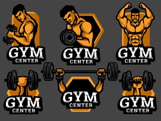 Set of gym logos and emblems in grey colour. Fitness Vector illustration