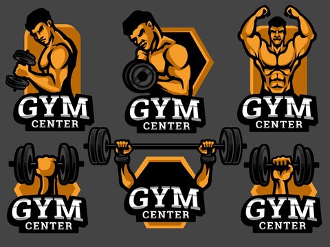 Set of gym logos and emblems in grey colour. Fitness Vector illustration