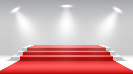 White podium with red carpet and spotlights. Blank pedestal. Stage for awards ceremony. Vector illustration.