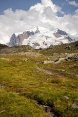 Path through rocks and grass in front of a snow covered mountain peak on a summer day in the Alps of Switzerland. 