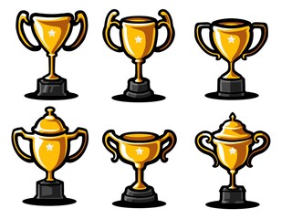 Set of golden trophy cups collection isolated on white background vector illustration