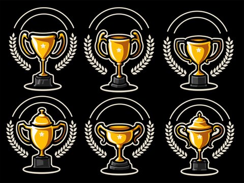 Set of golden trophy cups collection isolated on black background vector illustration