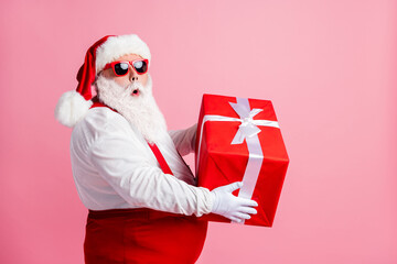 Profile side photo astonished fat santa claus hold big gift box he get x-mas christmas night spirit...