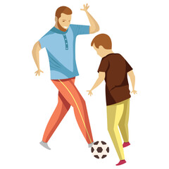 
A father and son are playing football 
